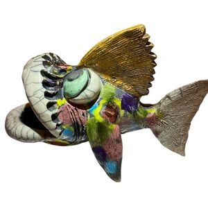 Rare’ Vintage 1997’ Ross De La Garza Studio Raku Pottery Whimsical Fish